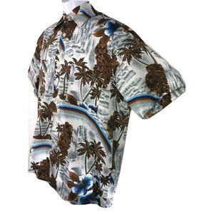Vtg 80's? Men's Van Cort Gray Blue Brown Palms Hawaiian Short Slv Shirt Medium M